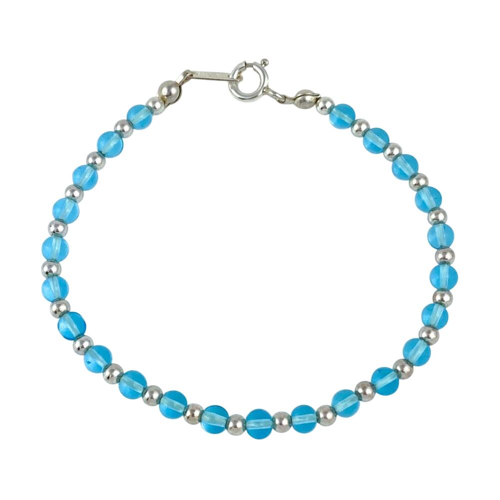 Vintage Sterling Silver 925 Blue Glass Bead Bracelet 7"